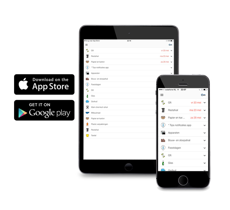 Schermafbeelding van de Cure-app op tablet en telefoon. Verkrijgbaar in de Google play store en App Store.