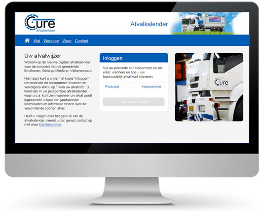 Computerscherm met schermafbeelding van de Cure afvalkalender