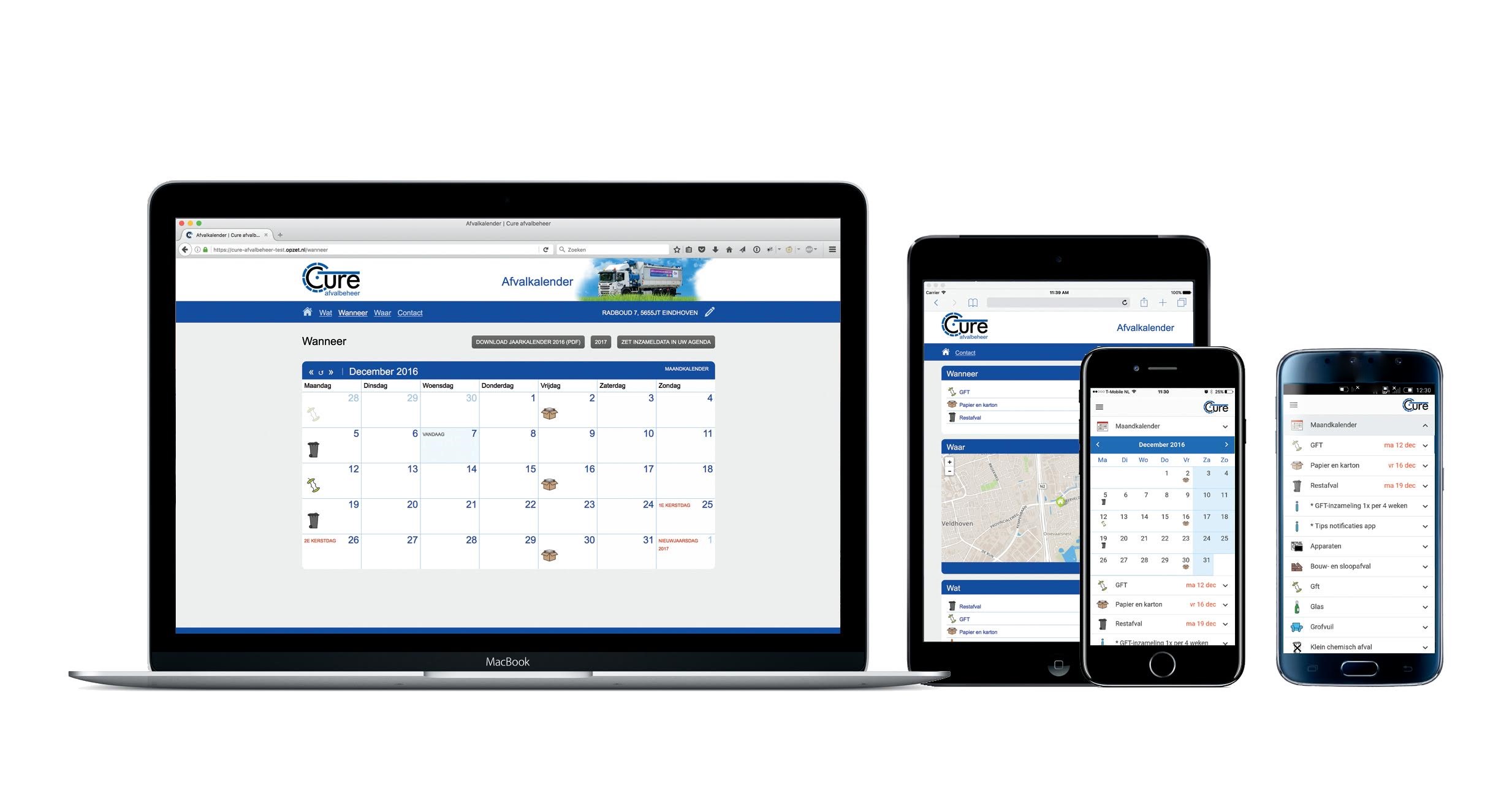Schermafbeeldingen van de Cure afvalkalender en app. Op een telefoon, tablet en laptop