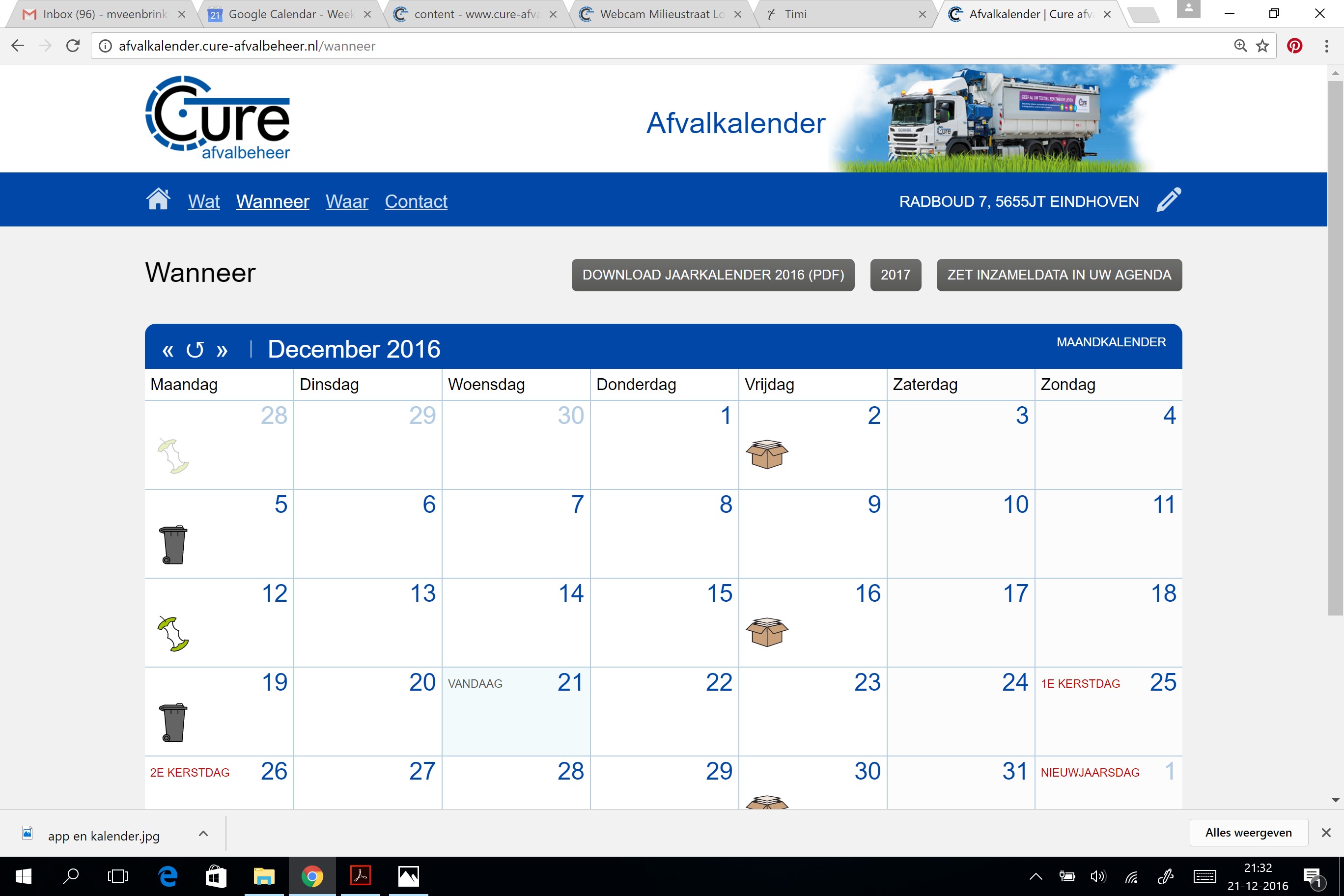 Schermafbeelding van de afvalkalender op de Cure website