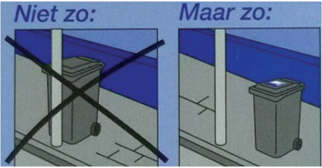 Plaats de container minimaal 30 cm van obstakels af, zoals lantaarnpalen en geparkeerde auto’s.
